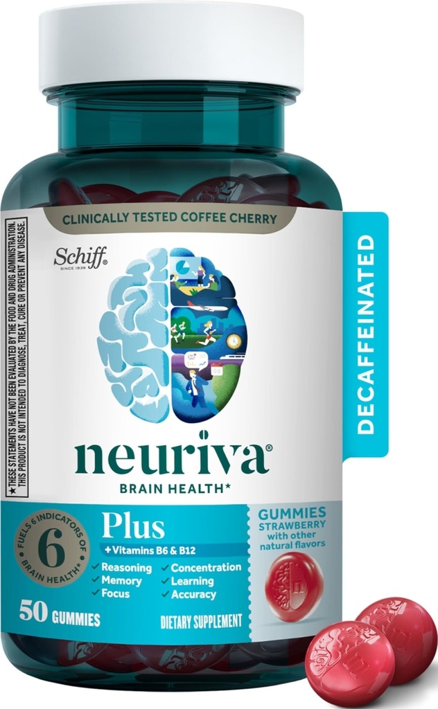 NEURIVA Plus dodatek k mozku pro paměť, zaměření a koncentraci + kognitivní funkce s vitamíny B6 & B12 a klinicky testované nootropické fosfatidylserin a neurofaktor, 50ct jahodové gumy