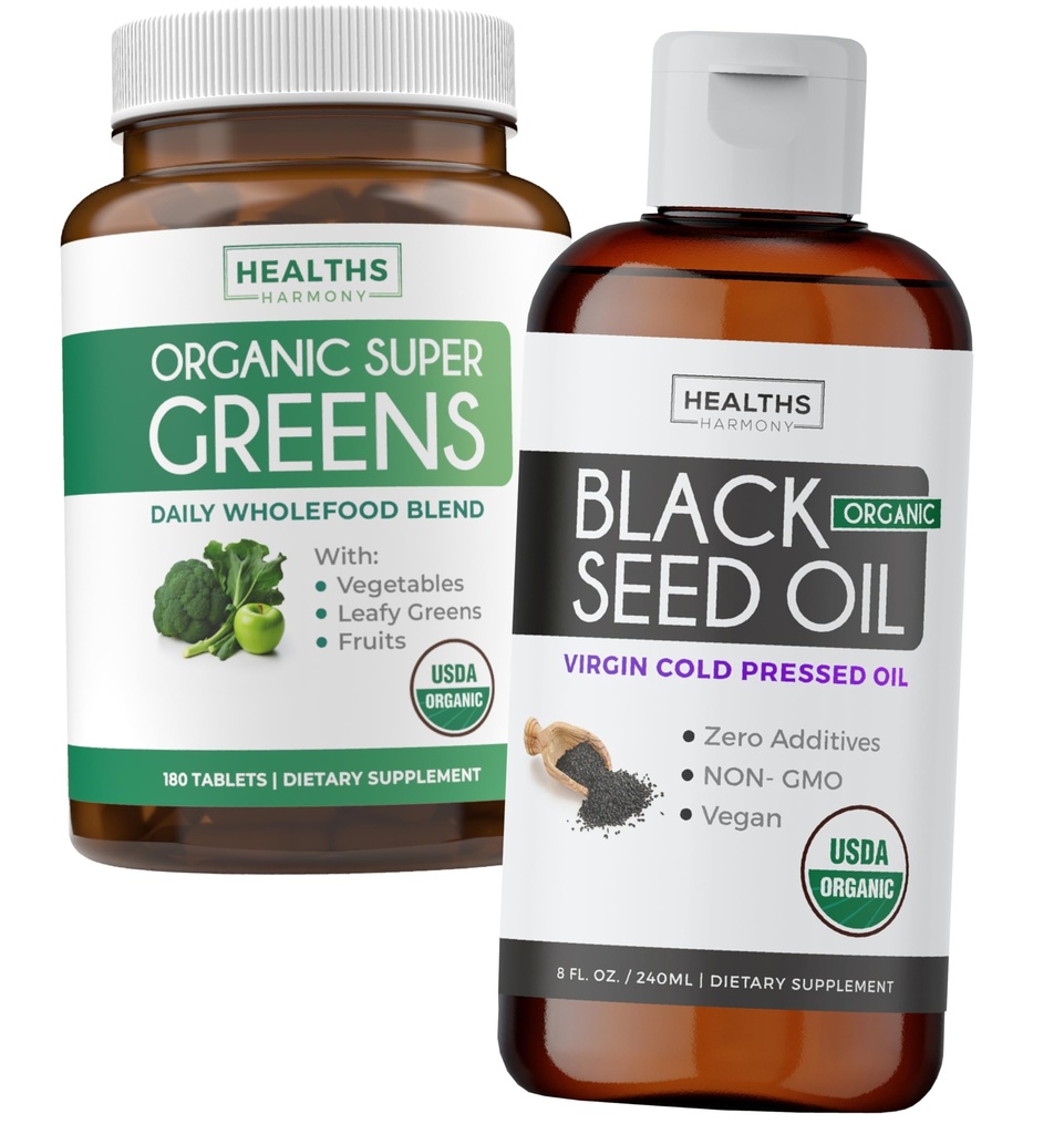 Super Green & Black Seed Oil (3-Month Supply) Bylinný olej Blend Bundle of Organic Super Greends Powder - Complete Superfood (180 Kapsle) & Organic Black Seed Oil Liquid - lisované za studena (8 fl oz)