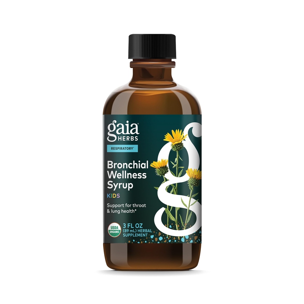 Gaia Herbs Bronchial Wellness Sirup Kids - Imunitní Supplement - Throat & Lung Health Support * - Certified Organic Formule s anglickým plantanem, Grindelia & Honey - 3 Fl Oz (18 Služeb)