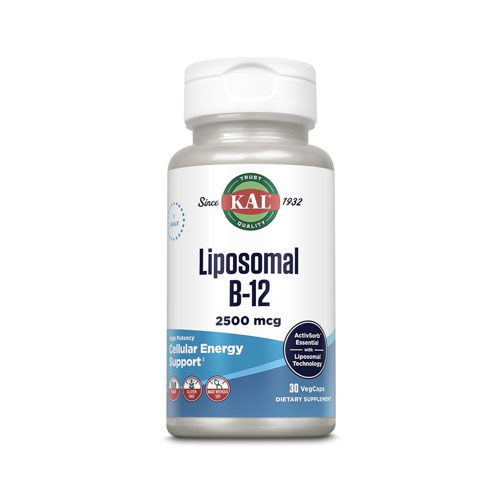 KAL Liposomální vitamin B12 2500 mcg, vysoká absorpce, Liposomální technologie, Podpora buněčné energie, Veganské kapsle, gluten zdarma, Made Without Soy, 30 Služeb