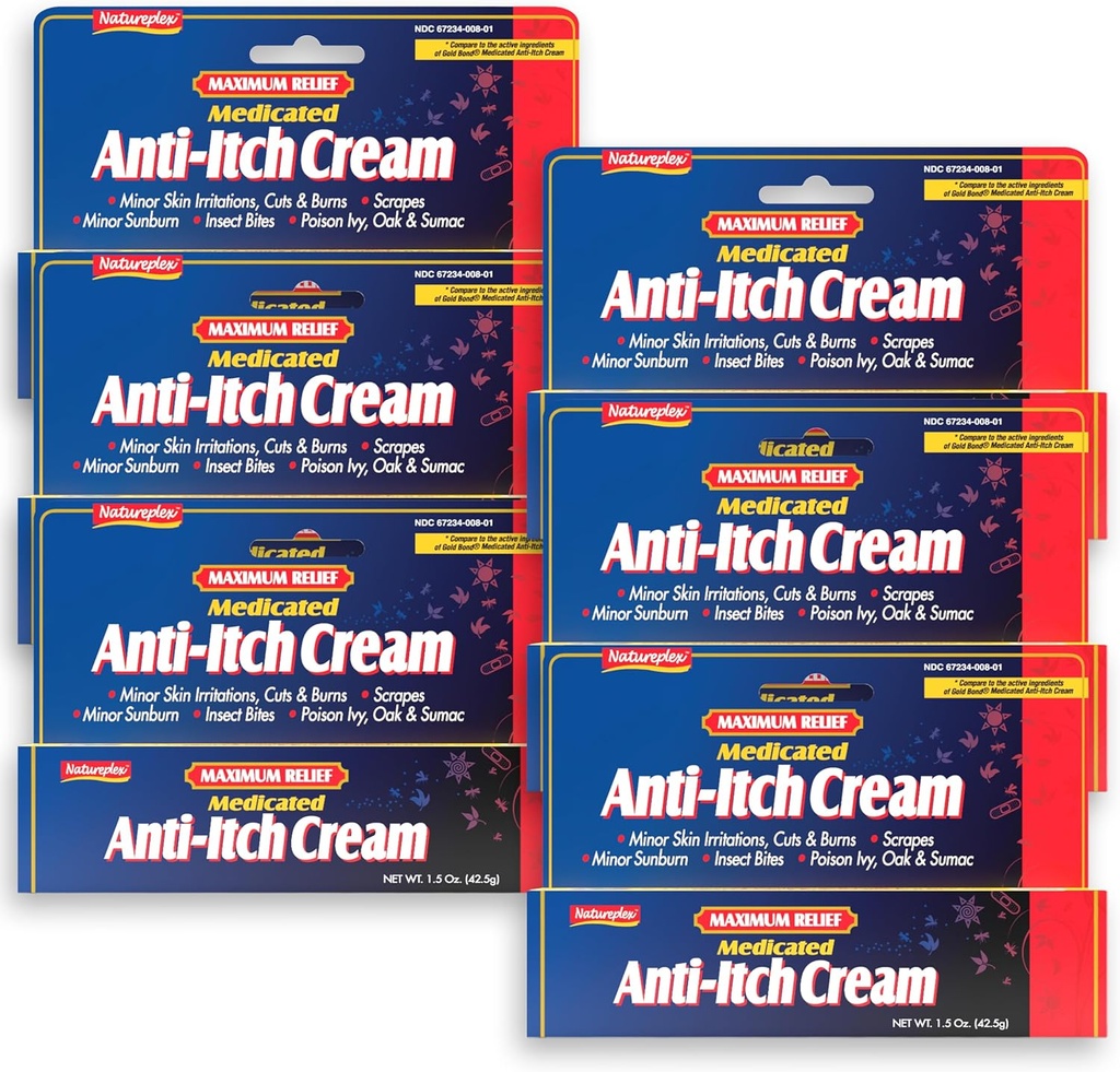 Natureplex Maximum Relief Medicated Anti- Itch Cream 1.5oz (6 Pack) - Rychlá úleva pro vyrážky, Bites, Sunburn, Cuts, Burns, Poison Ivy & More - Chlazení Menthol & Pramoxine - Made in USA