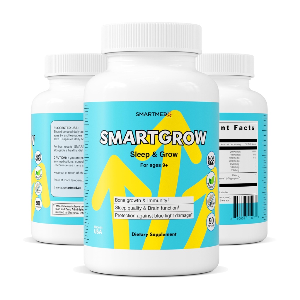 SMARTGROW 5- in-1 Podpora silné kosti očí a zdraví vápník, vitamín D3, aminokyseliny - spánková pomoc, imunitní podpora, Brain & Eye Health - 90 Kapsle