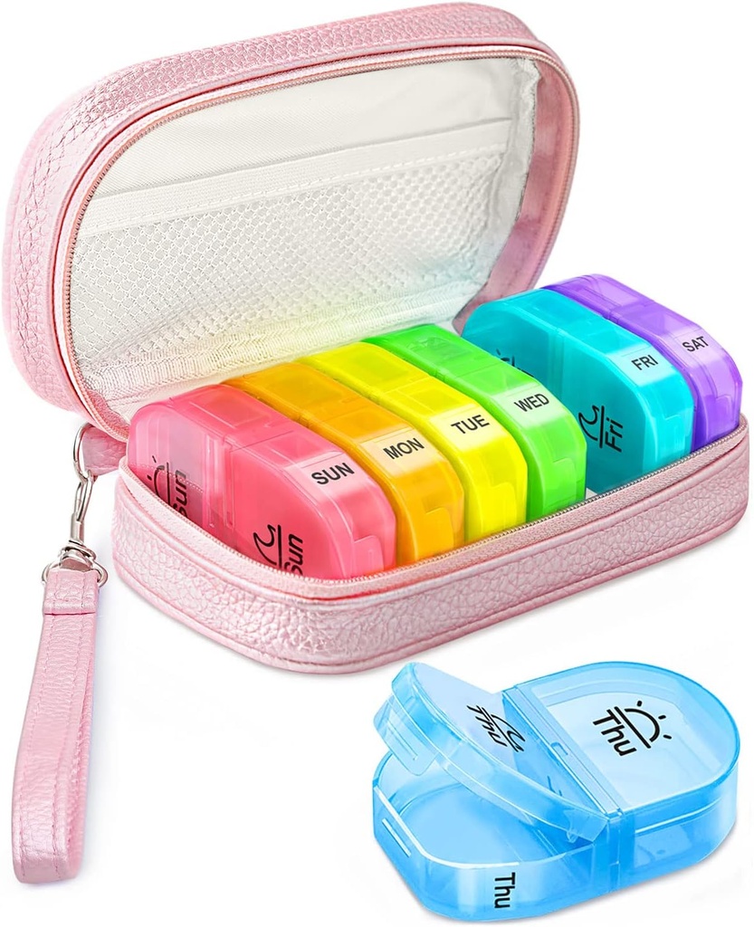 Roztomilý Pill Organizátor 2 krát denně, PU kůže Pill pouzdro pro ženy, Přenosný týdenní Pill box pro kabelku se skladovacím vakem držet vitamíny, léky, rybí oleje, doplňky (růžové)
