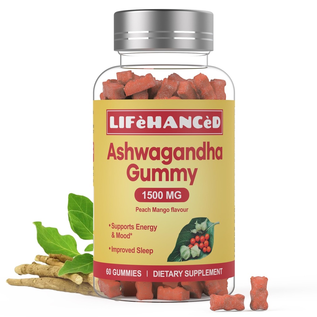 Ashwagandha Gummies, LAB Testováno, 60 Počet, 1500mg, 3% Witanolides, Peach Mango Flavour, Ideální doplněk pro vaši celou rodinu.