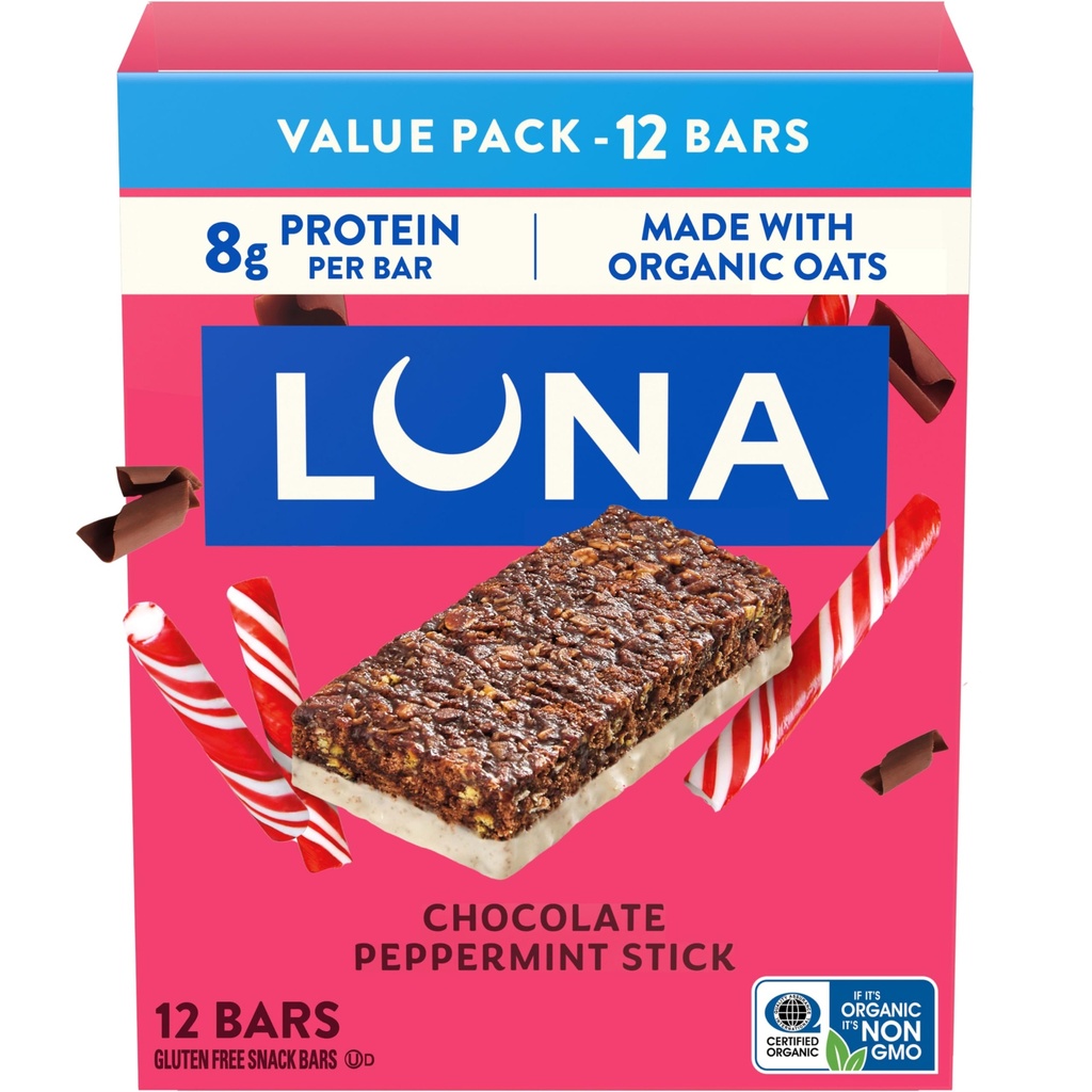LUNA Bar - Čokoláda Peppermint Stick Flavor - Snack Bars - Non- GMO - Gluten- Free Protein Bars - Vyrobeno s organickými Oves (12 Pack)