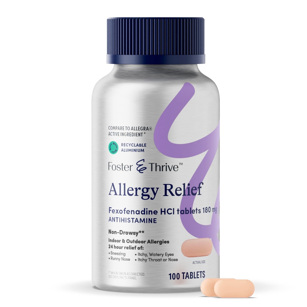 Foster & Thrive Fexofenadine HCl Non Drowsy Alergics Relief for Hay Fever, Pollen, Itchy Eyes, and Sezónní alergie, Efektivní podpora pro děti a dospělé, 180 mg, 100 tablet