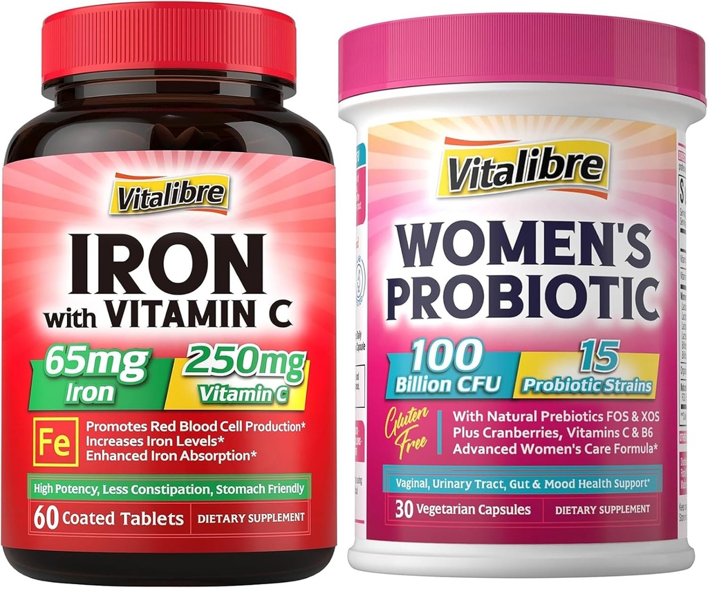 Železo dodatek, 65mg karbonyl Železo s 250mg vitaminu C + Vitalibre Ženské Probiotika 100 Milionů CFU, 15 Strains, w / Prebiotic, Cranberry, Vitamin B6 & VC