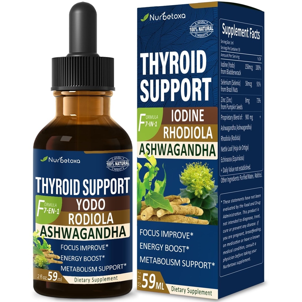 Thyridoid Support Drops - Liquid jód Supplement, Gotas de YODO y Selenio para Tiroides, Con Rodiola Semenovii y Ortiga, Fight Brain Fog w / Ashwagandha & Rhoddiola Extract Tincture.2 oz