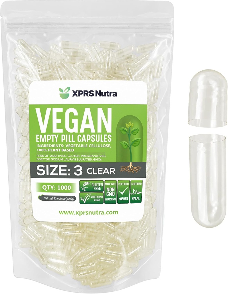 XPRS Nutra Velikost 3 Prázdné kapsle - 1000 Počet čiré prázdné Veganské kapsle - Vegetariánské pilulky - DIY Zeleninové kapsle Plnicí - Veggie Pill Caps