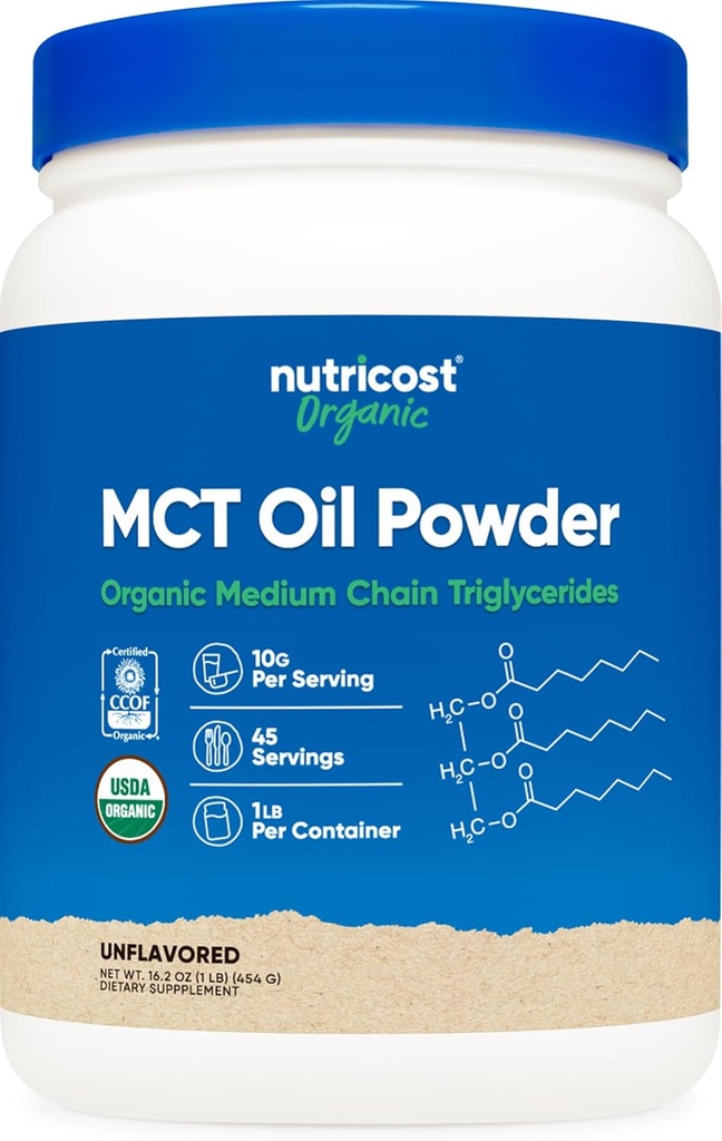 Nutricost Organic MCT Oil Powder 1 LB - Certified USDA Organic, Great for Keto, Ketosis and Ketogenic Diets - Nulové čisté sacharidy (Triglycerid středního řetězce)