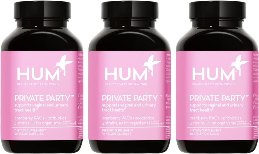 HUM Private Party Vaginální Probiotika pro ženy, pH Balance a Močová Trakt Podpora Vaginální Probiotický dodatek s Cranberry & Lactobacillus Blend, Ženské zdraví Brusinkové pilulky, 90 Kapsle