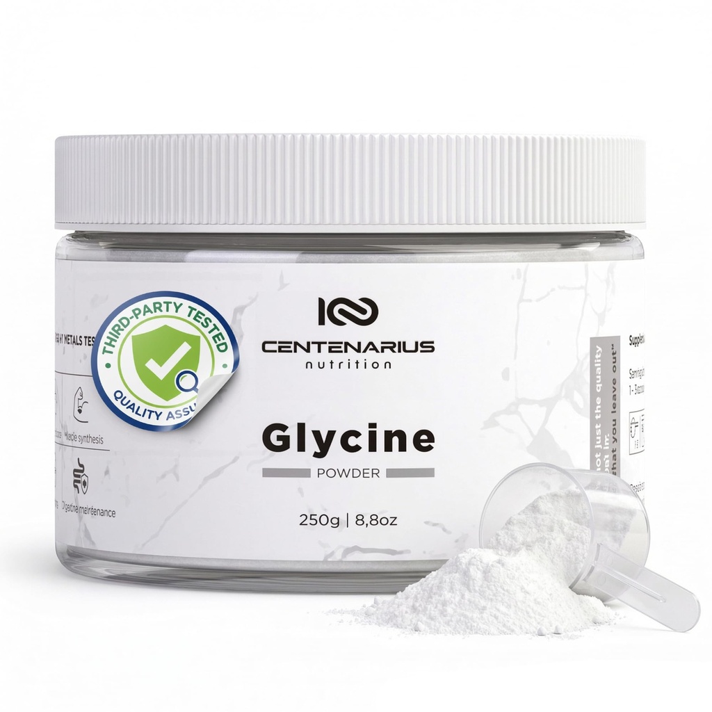 Glycin Powder 250g OF 124; Non- Essential Amino Acids Supplement for Post Workout Muscle Recovery, Digestion, Sleep Aid + More - Vegan, Additive- Free, Third- Party Testováno 124; Centenarius Nutrition