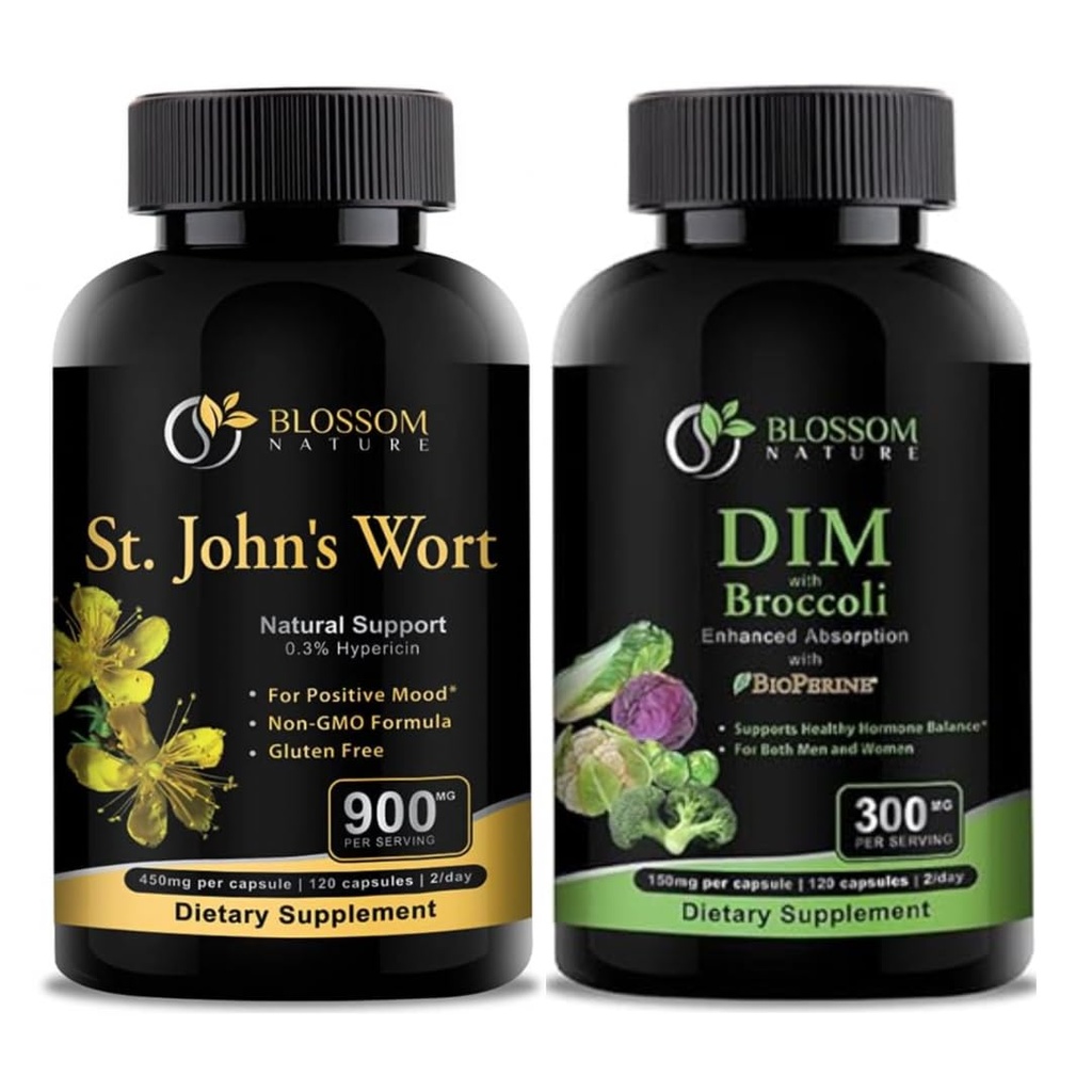 St Johns Wort 900mg- Mood Support Supplement- Klidové doplňky. DIM doplněk 300mg s brokolicí 200mg BioPerine 10mg-Hormon a Estrogen Balance pro ženy & Men.120 Zeleninové kapsle (2 MONTHS doplněk)