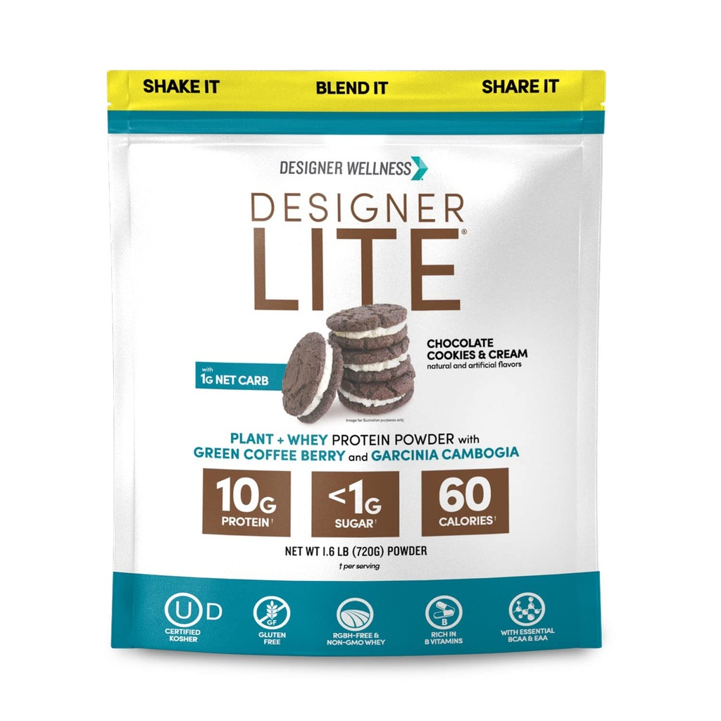 Designer Wellness, Designer Lite, Low Calorie Natural Protein, Prebiotický fiber, Key Vitamíny & Minerály, Chocolate Cookies & Cream, 25.6 Ounces