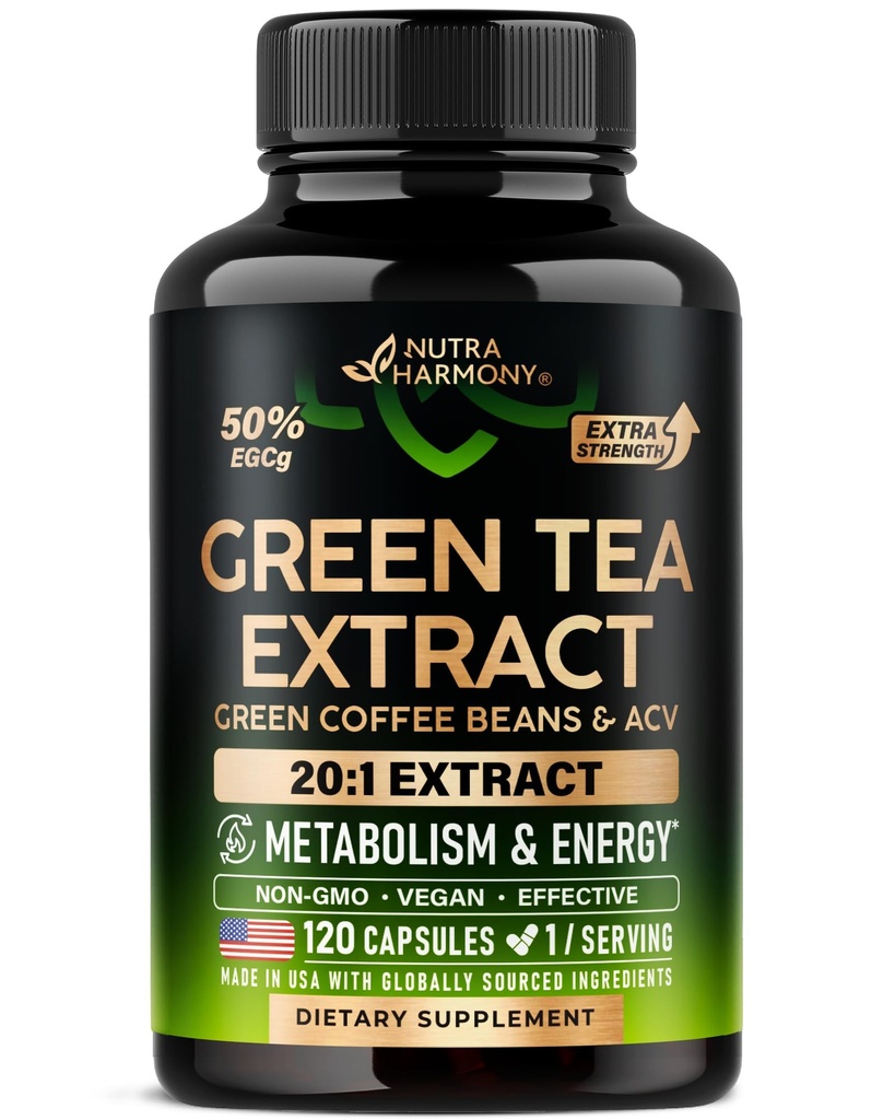 Zelený čaj Extract Kapsle se Zelenou kávou Fazole a jablečným moštem - Energetika & Metabolismus Podpora - Zelený čaj dodatek 50% EGCG - 20: 1 Přírodní extrakt - pro muže a ženy - 120 Vegan Kapsle