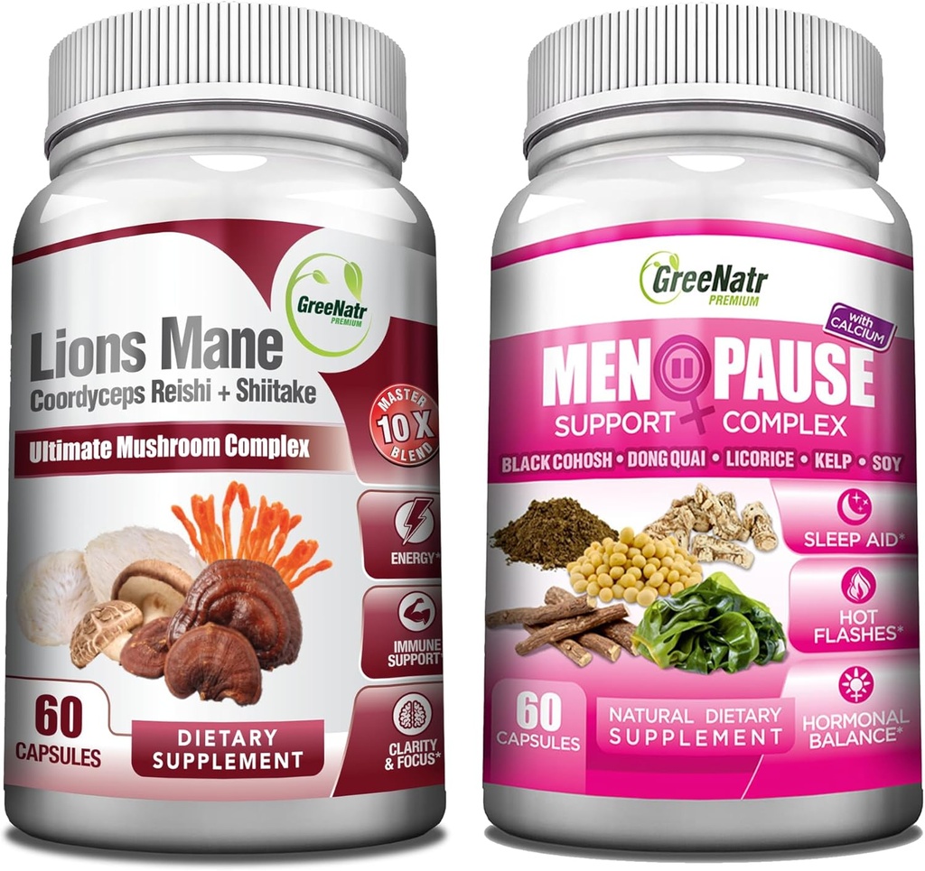GreeNatr Energy Boost Plus Menopauza Support Bundle: Náš Houbový dodatek poskytuje přírodní energie Boost, Podpora trvalé Vitality + Bylinné Menopauza Komplex pro horké záblesky, Noční poty
