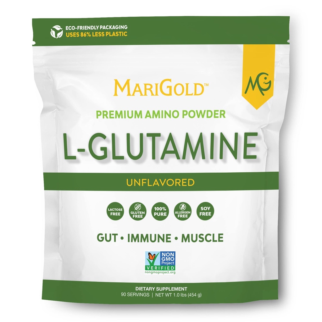 MariGold čistý bez příchutí L- glutamin prášek - Zdravý Gut, imunitní, a svalové podpory, Non- GMO, gluten zdarma, Soy & Alergen zdarma (5g / 5000mg na podání)