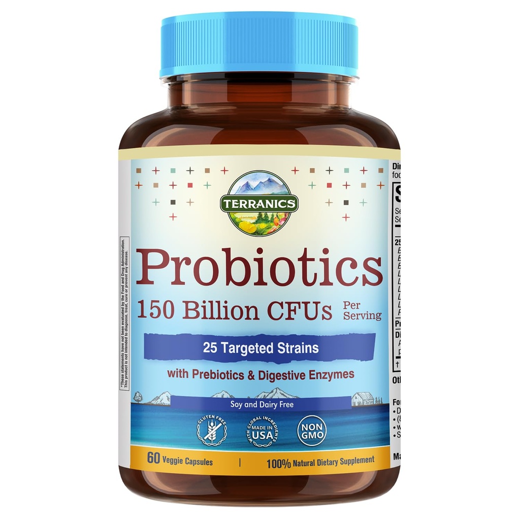 Terranics Daily Probiotics for Men & Women, 150 Billion 25 Strains Colon Care Probiotics, with Prebiotics & Enzymes, Heald Regularity, Delayed Release, Secure Stable, 60 Veggie Caps