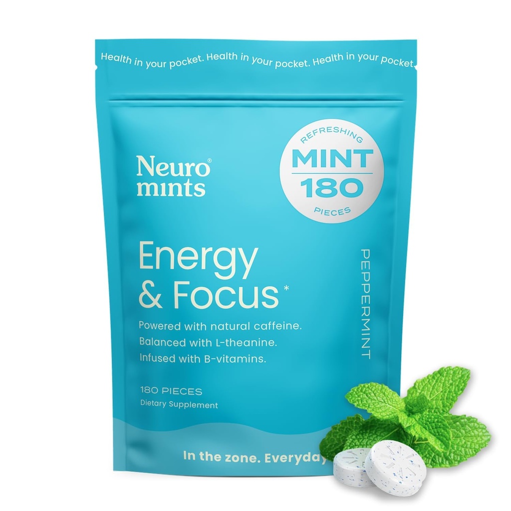 Mince NeuroGum Energy Caffein (180 kusů) - Bez cukru s L- theanine + přírodní kofein + vitamín B12 & B6 - Nootropní energie a focus dodatek pro ženy a muže - Keto & Vegan, Peppermint Flavor