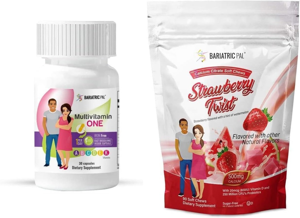 BariatricPal Duodenal Switch Kompletní 30denní zásobovací vitamin Pack (Iron- Free Capsule vápník Citrát měkké žvýkání s probiotika - Jahodové Twist)