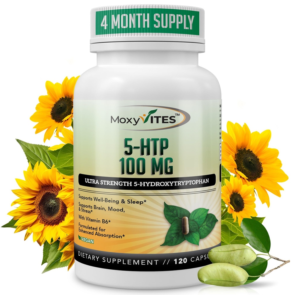 MoxyVites 5HTP 100mg dodatek, Plus B6, 5 HTP Organic All Food - Nejlepší Serotoninový Booster - Non- GMO, 120 Veganské kapsle