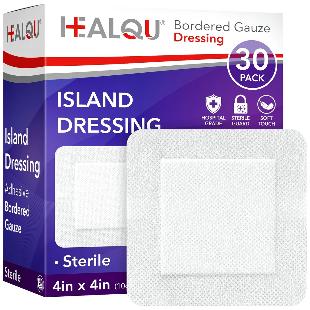 Ostrovní dresing HEALQU - 4 "x4", 30 Počet - Ohraničená Gáza Sterilní jednotlivě zabalené Gázové Pady, Vodoodolné, Non- Tvarované Backing - Měkké a dýchatelné Wound Dressing pro první pomoc a lékařské