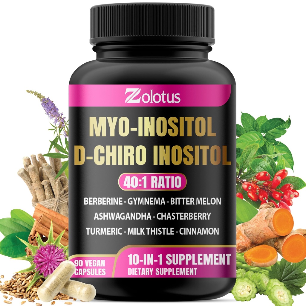 Zolotus Myo-Inositol & D-Chiro Inositol Ideální poměr Inositol dodatek s hořkým Melon, Mléko Thistle, Turmeric, Gymnema, Chasteberry, Ceylon Skořice, Ashwagandha, Berberine - 90 Kapsle