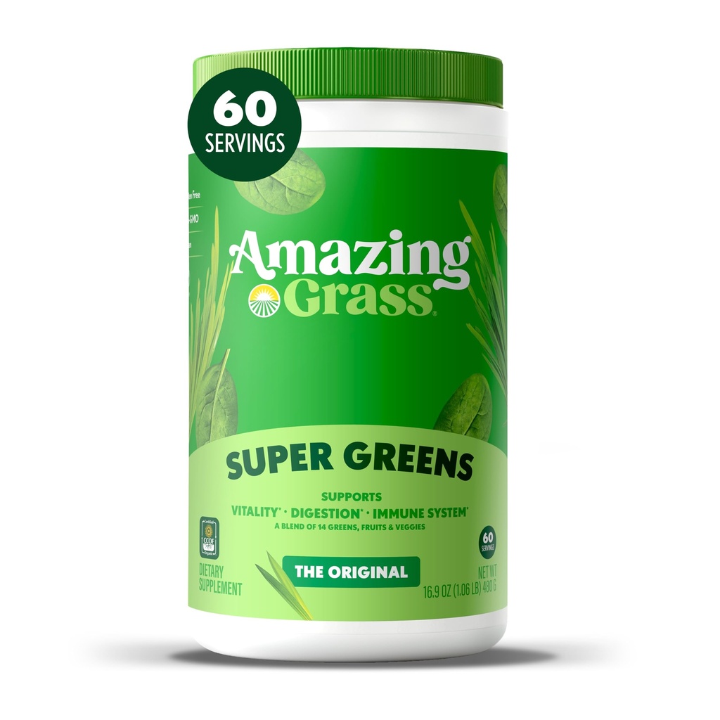Amazing Grass Greens Blend Superfood: Super Green Powder with Spirulina, Chlorella, Beet Root Powder, Digestive Enzymes, Prebiotics & Probiotics, Original, 60 Servings (Balení května Vary)