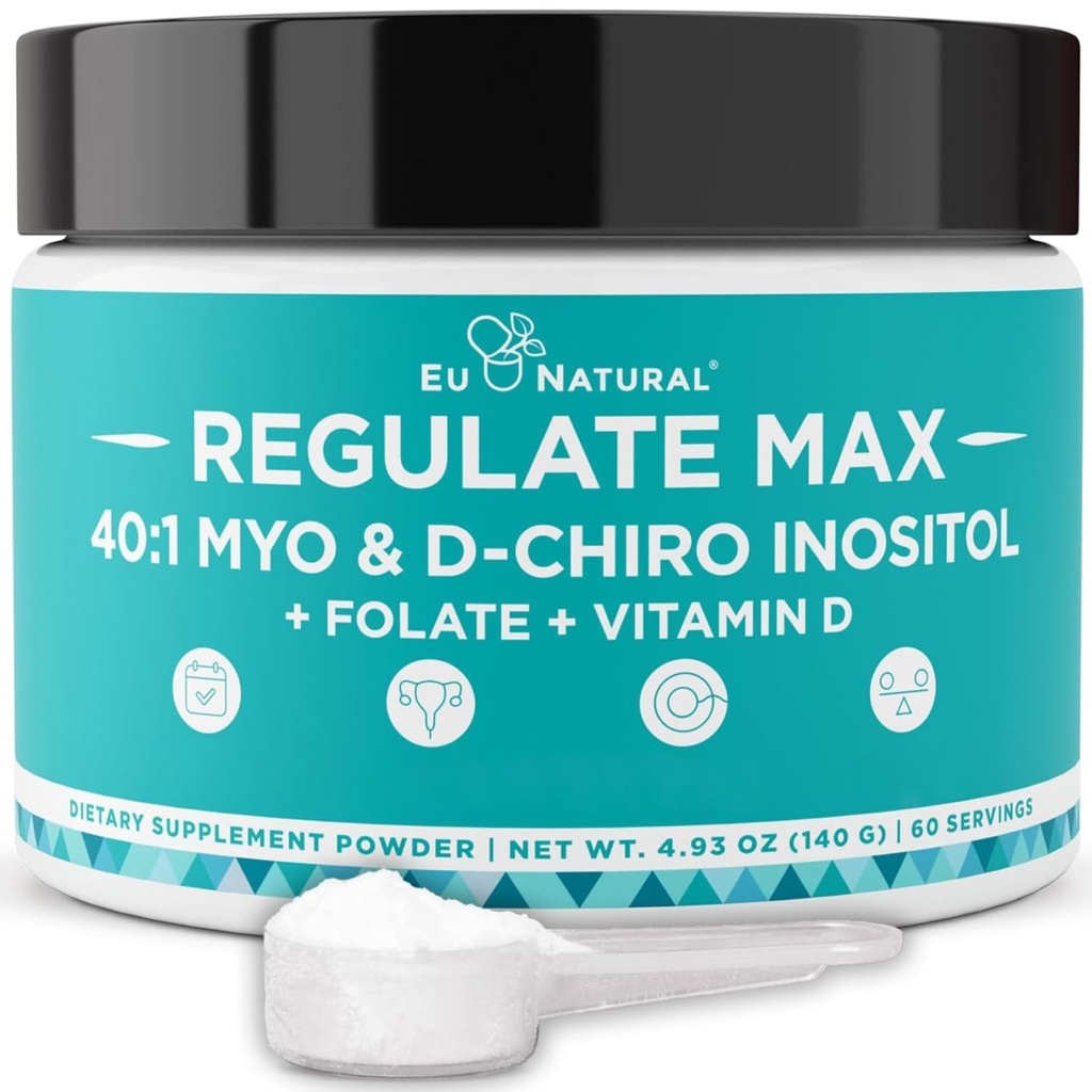 Regulovat MAX Myo-Inositol & D-Chiro Inositol dodatek Prášek pro ženy s vitaminem D & Folate PCOS Nutritional Support, Hormon Balance & Fertility Support, Neochucené 60 Služeb