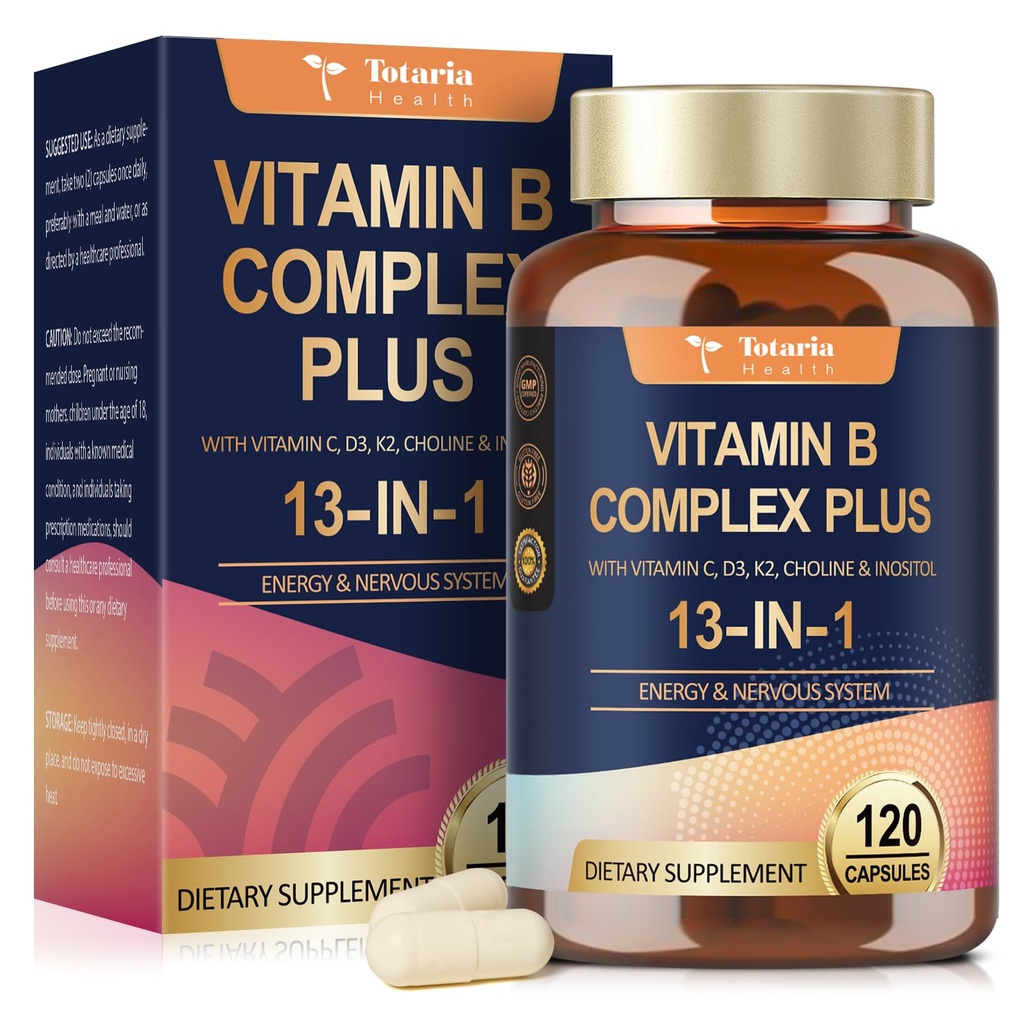 13- in-1 vitamin B Complex Plus s vitaminem B1, B2, B3 (Niacinamid), B4, B5, B6, B7 (Biotin), B8 (Inositol), B9 (Folát), B12, C, D3, K2 - Energie, Nerve, imunitní, kožní podpora - 120 Veganské kapsle
