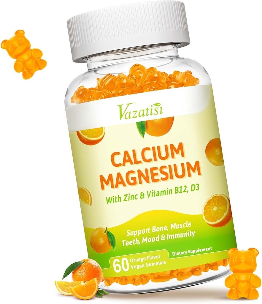 Vápník hořčík zinečnaté gumy s vitamínem D3 a K2, vysoká absorpce hořčíku Glycinát draslík pro imunitní a klidnou náladu, Vegan Orange Flavor 60 Gumy