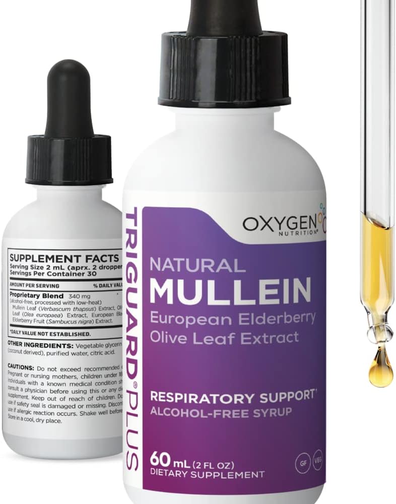 TriGuard MULLEIN Plus - Mullein Leaf Extract, Elderberry Extract & Olive Leaf Extract 2 fl oz OF 124; Podporuje zdravé funkce dýchacích & imunitního systému CLAS124; Alkhol- Free, Non- GMO, Tasty Great, Made in USA