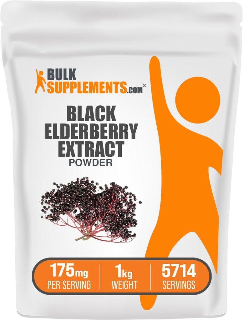 BulkSupplements.com Elderberry Extract Powder - Elderberry Sourced from Black Elderbrry, Immunní Supplement - Gluten Free - 175mg per Serving, 1kg (2,2 lbs) (Balení po 1)