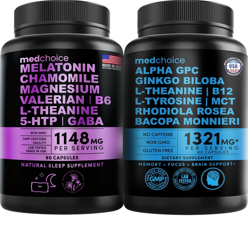 MEDCHOICE Sleep Melatonin (90ct) a Nootroppic Brain (60ct) Doplněk Bundle - Wellness Duo pro spánek, mozek, Focus, & Mood Support - Vegan, Non- GMO, gluten- zdarma