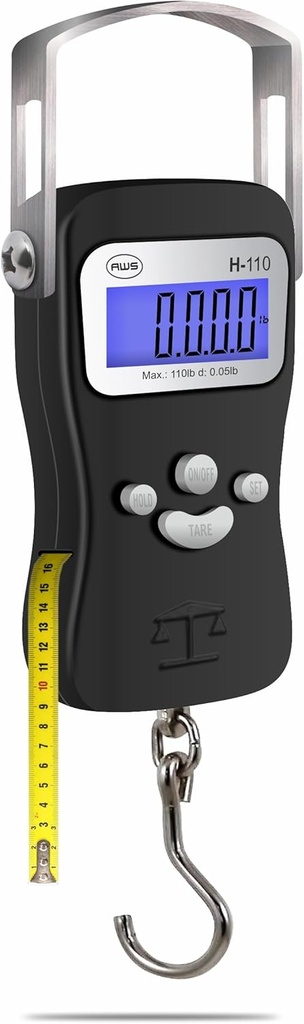 AWS Digitální stupnice zavazadel, Ryba vážící měřítko, závěsné měřítko 110lb / 50kg - Die-Lité kovové konstrukce, Built- in Tape Measure, Hook & Handle - pro cestování, rybaření, lukostřelba, lov, venkovní (černá)
