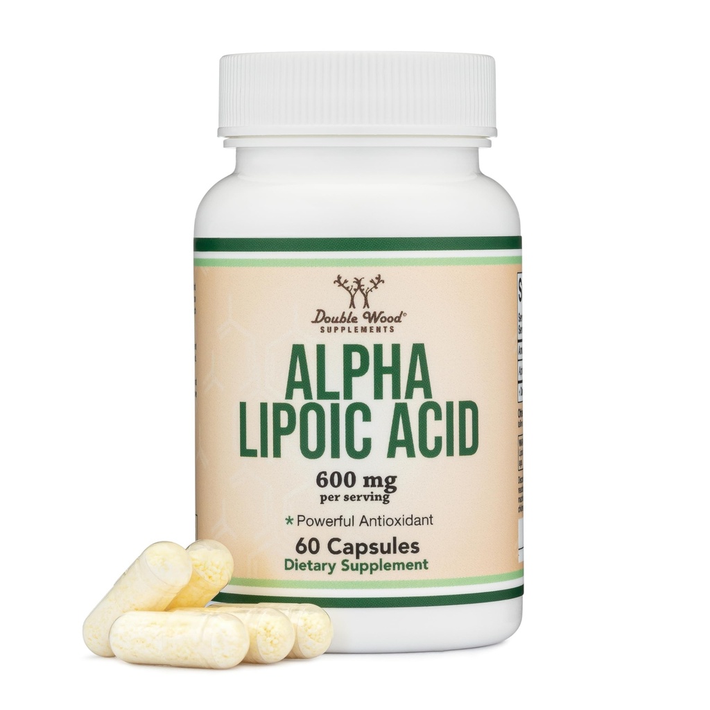 Alpha Lipoic Acid 600mg na servírování, 60 Kapsle (třetí strana testována, Non- GMO, gluten zdarma, Vegan Safe) Možný antioxidant pro neuropatii a kardiovaskulární zdraví (ALA dodatek) Double Wood