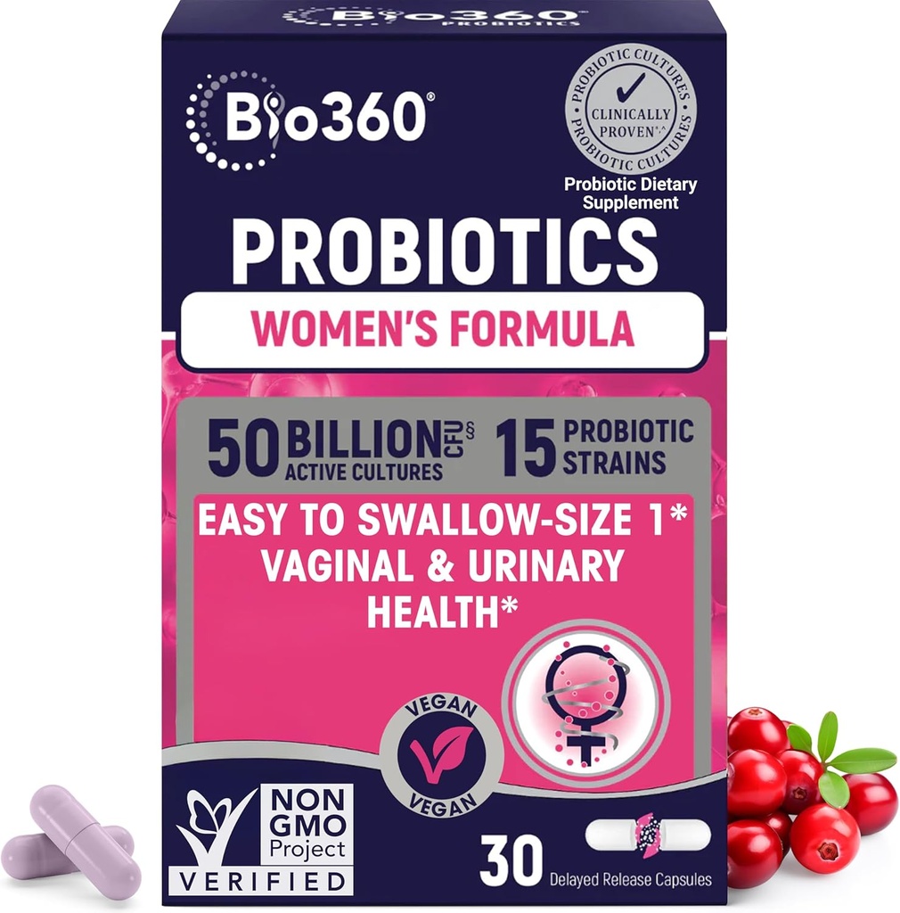 Bio360 Probiotika pro ženy Vaginigální zdraví - Podporuje pH Balance, Vaginální, Močová, & Trávicí Zdraví - 50 Miliardy CFU & 15 Unikátní srážky pro zdravé vaginální zápach & Vaginální Flora - Stabilní