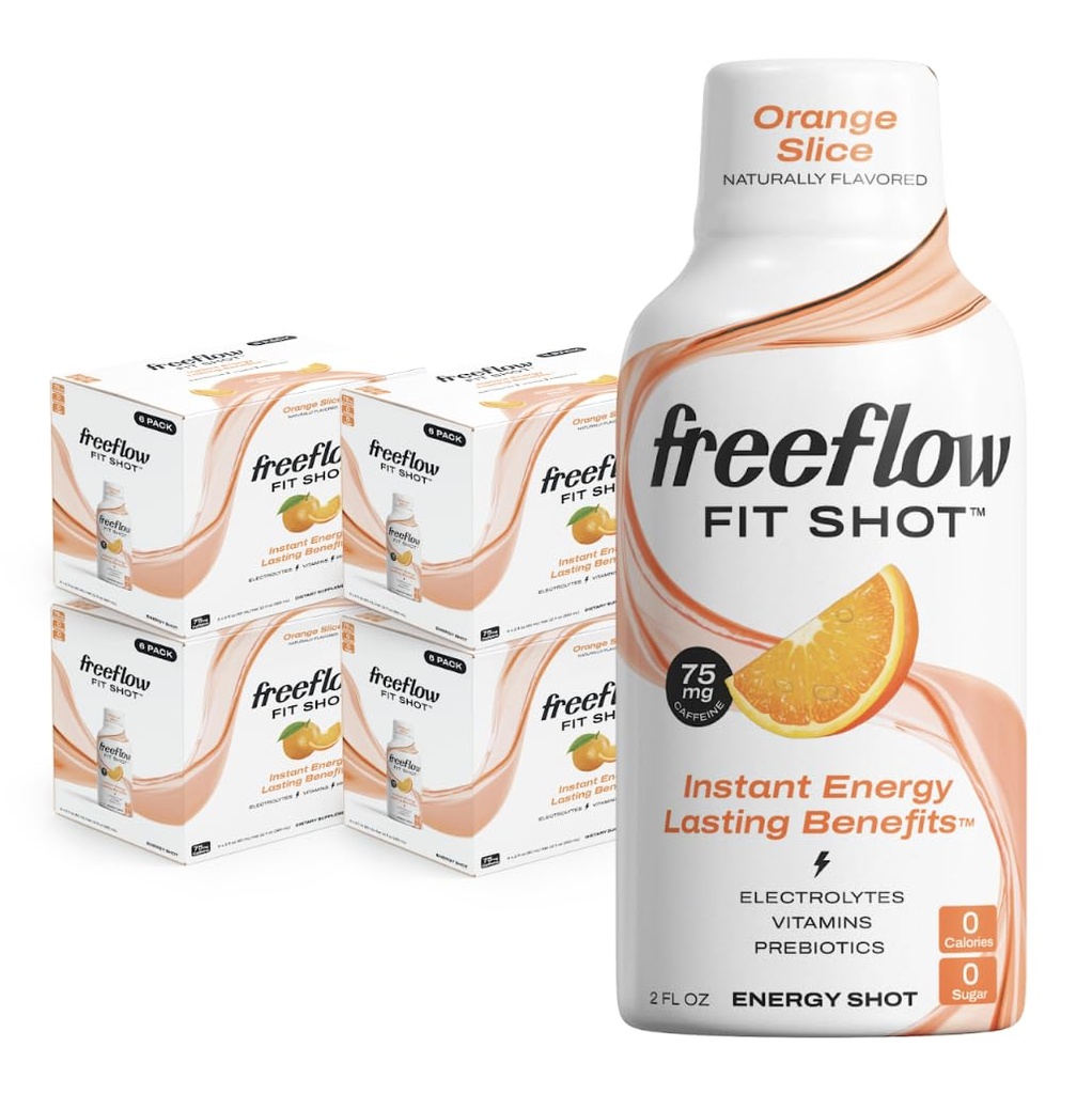 Freeflow Fit Energy Shots, Orange Slice, Natural Caffeine Boost s L- theanine, Ginseng, Vitamíny, Prebiotika, Elektrolyty (24 Počet, 2oz Shots)