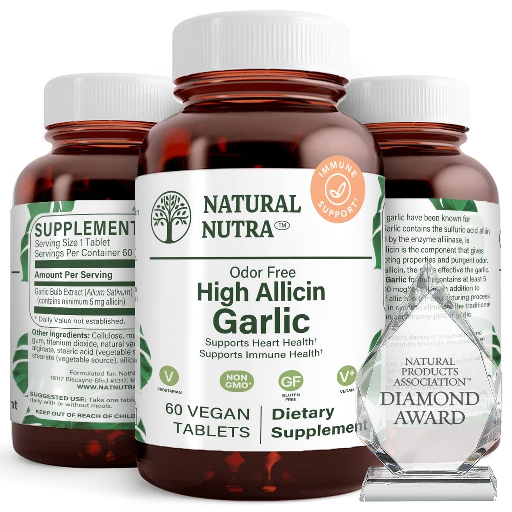 Natural Nutra High Allicin Česnek Dodatek, Podporuje imunitní systém, Zlepšit zdraví srdce, Zlepšit Enzymy Zdraví, Lepší trávení, Boj Studená a chřipka, Vanilla Potah, 500mg, 60 Vegan Tablety