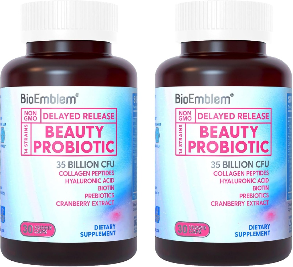 BioEmlem Beauty Probiotika pro ženy, 35 miliard CFU 14 Strany s biotin, kolagen, Prebiotika pro stravitelné zdraví, Vlasová kůže a hřebíky, Vaginální Probiotika Dodatek, Stálé police, 60 Caps