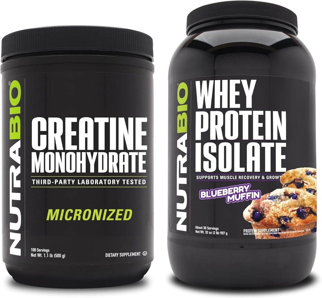 NutraBio Creatine Monohydrát, Neochucené, 500g a syrovátkové bílkoviny izolát, borůvkový muffin, Doplněk Bundle - Svalová energie, Lean růst svalů, zotavení, a síla