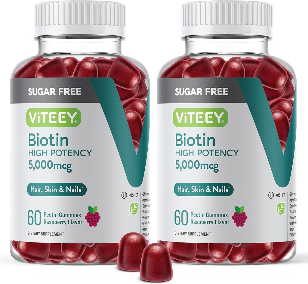 VITEEY Biotinové gumy pro vlasy, kůži a nehty 5,000mcg - Bezcukerné - Žvýkací gumy, Zdravá pokožka Glow, Silný Zdravý Nail Růst - Vegan, Lepek zdarma, Želatina Free- Žvýkací Maliny Flavor
