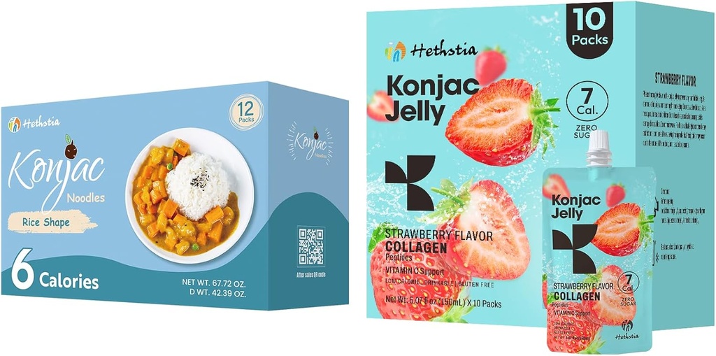 Hethstia Konjac Jelly Strawberry Flavor s kolagen Peptides 10 balení a Konjac rýže gluten zdarma 12 balení Nízká kalorie, Keto, cukr zdarma, zdravé jídlo