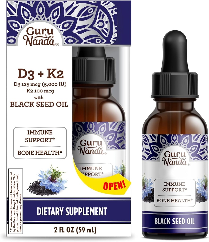 GuruNanda Wellness Bundle: Liquid Ashwagandha s Bacopa (1 Fl Oz) pro Focus & Relaxation Support & Black Seed Oil (2 Fl Oz) s vitaminem D3, K2 & E pro Imunitary Boosting - Vegan & Non- GMO