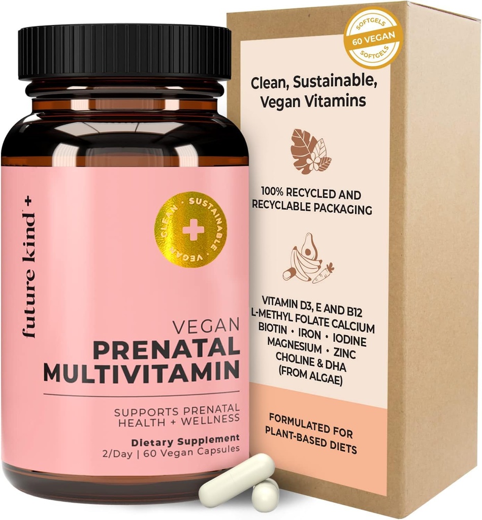 Budoucí Vegan Prenatal Vitamin s DHA & L-Methylfolát ve skleněné lahvičce - Prenatální Folátový dodatek pro ženy s vitaminem D & E, železo & Biotin - gluten- Free, Non- GMO (60ct)
