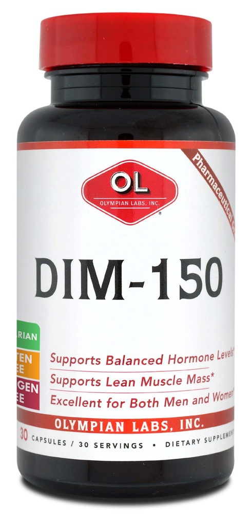 Olympian Labs DIM dodatek 150mg - DIM Diindolylmethan 30 Kapsle Dodávka DIM pro rovnováhu estrogenu, Hormon Menopauza Relief, Acne Léčba, PCOS, Kulturistika