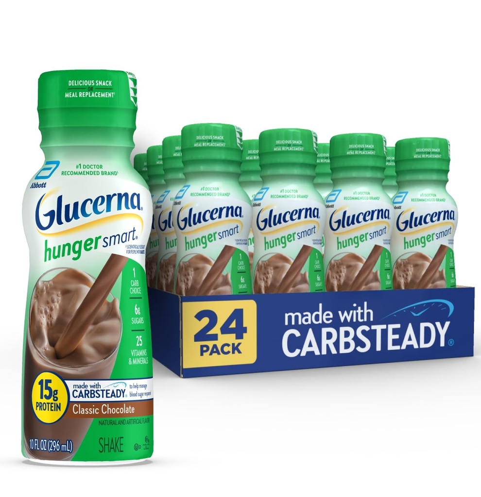 Glucerna Hunger Smart Diabetes Care Shake, Classic Chocolate, Diabetic Meal Náhrada na podporu řízení krevního cukru, 15g protein, 180 kalorií, připraven k pití, 10- fl- oz láhev, 24 balení