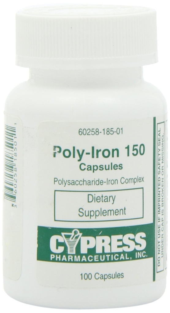Dietní doplněk - Poly železné kapsle 150 mg (100 víček na láhev) od Cypress Pharmaceutical # 185-01 (2 Lahve se 100 kapslí)
