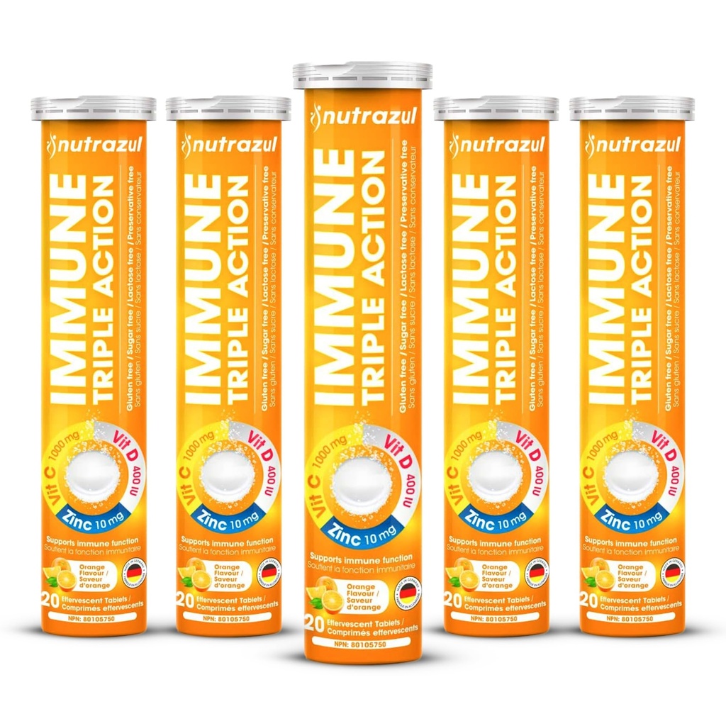 Nutrazul Imunitní Triple Action Effervescent Tablety s vitamínem C 1000mg, Vitamin D, Zinek, Podpora denní rutiny, gluten- Free, Sugar- Free, Lactose- Free, Orange Flavor, 20 Tablet (Balení 5x20)