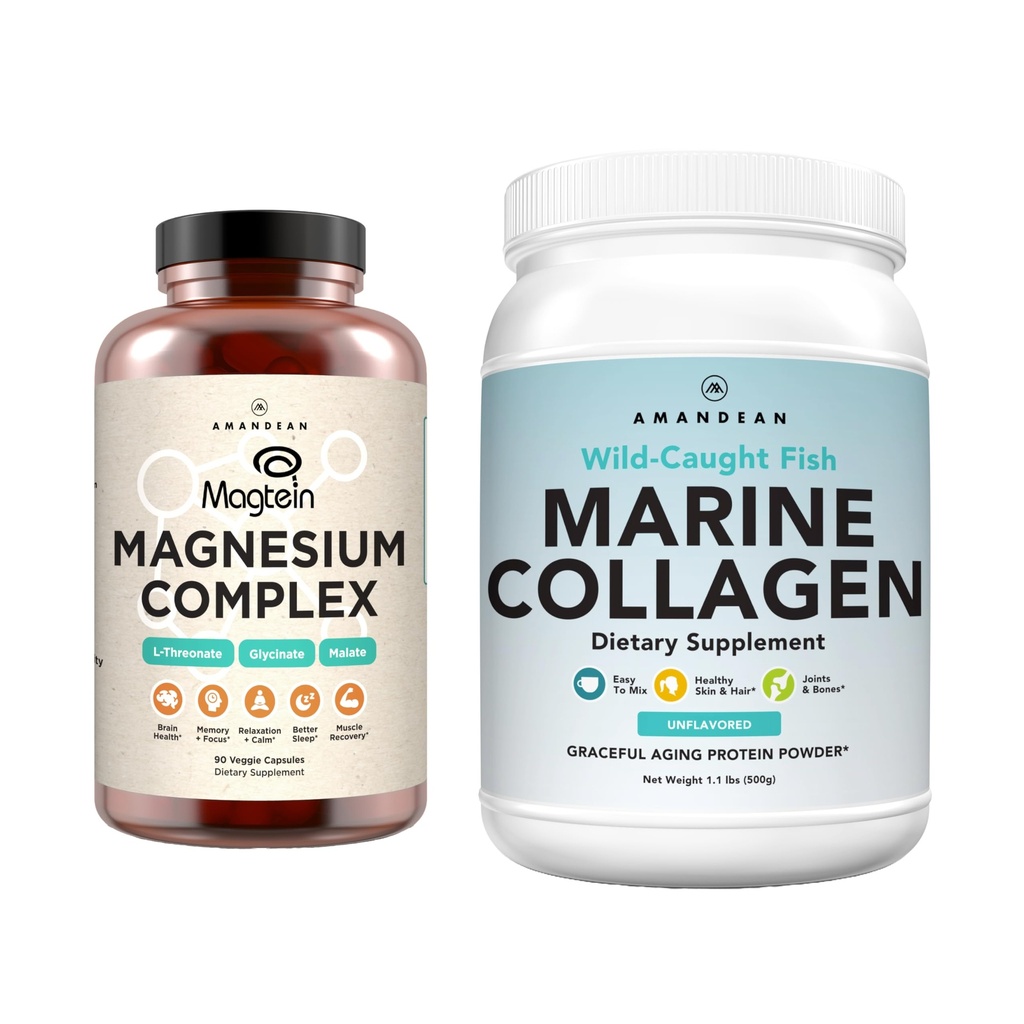 AMANDEAN Premium Magnesium Complex & Marine Collagen Bundle. High- Absorpce Threonát hořečnatý, glycinát a malát. Wild- Chycen hydrolyzovaný rybí kolagen protein. Podpora kvality spánku, kůže a nálady